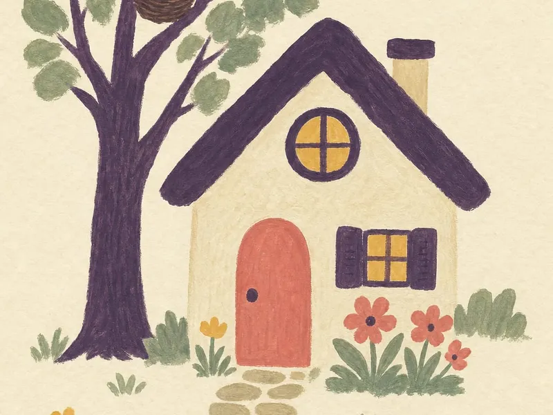 Illustration eines kleinen Hauses mit roter Tür und lila Dach, davor ein Steinweg und Blumen, links ein Baum mit Vogel im Nest.